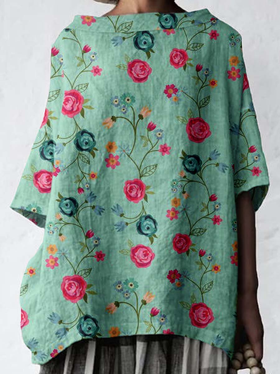 Women's Elegant Rose Floral Pattern Cotton and Linen Top