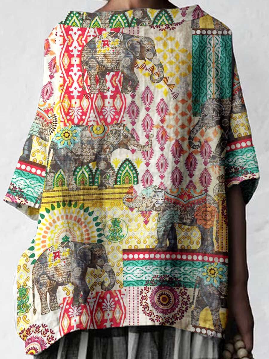 Women's Ethnic Geometric Pattern Cotton And LinenTops