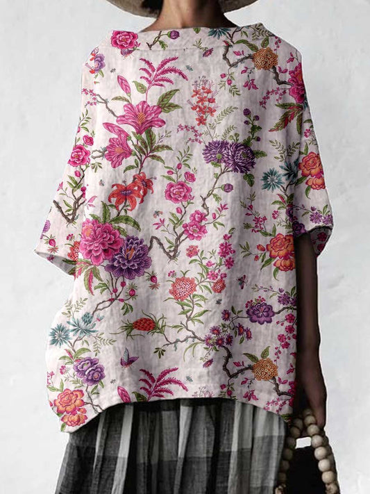 Women's Elegant Floral Cotton and Linen Top