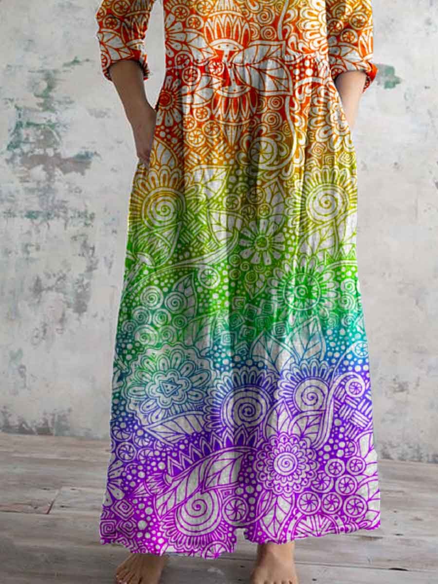 Women's Summer Rainbow Bohemian Pattern Cotton and Linen Dress