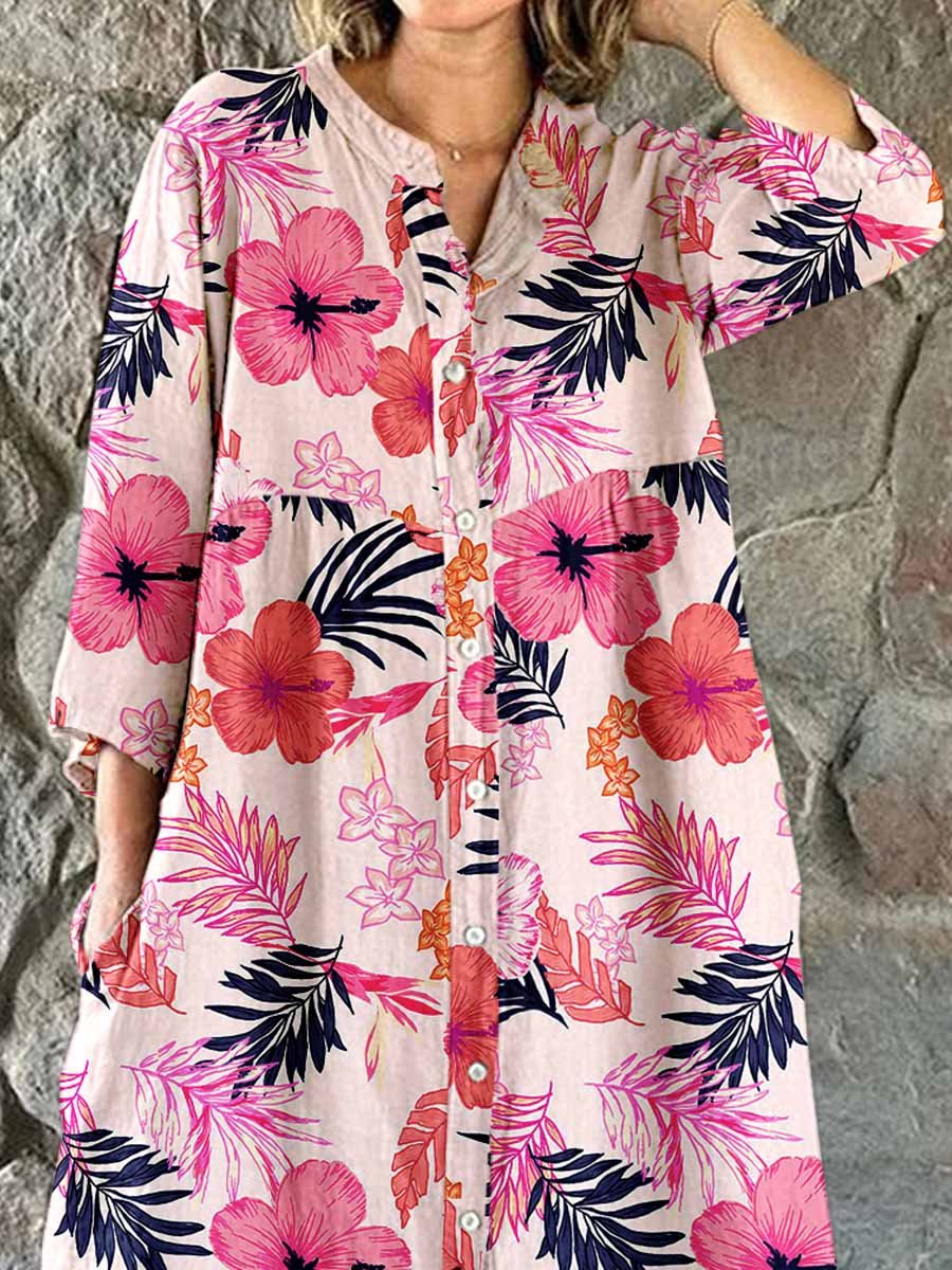 Women's Tropical Floral Shirt Style Cotton and Linen Dress