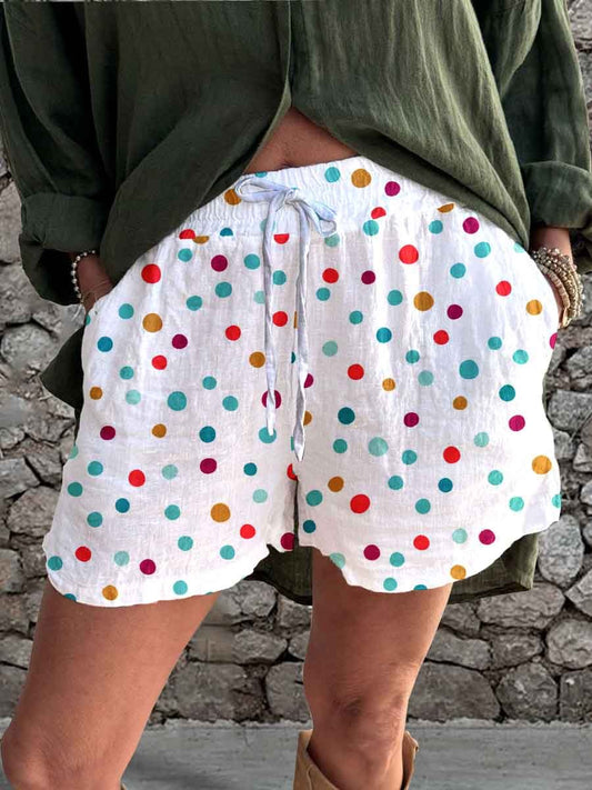 Women's Summer Polka Dot Printed Linen Strappy Shorts