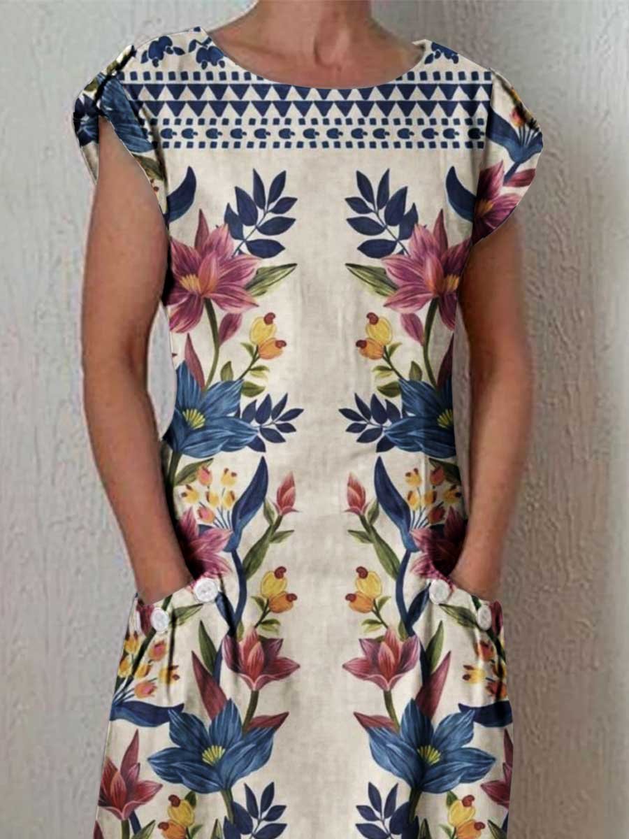 Women's Art Geometric Floral Pattern Round Neck Cotton and Linen Dress