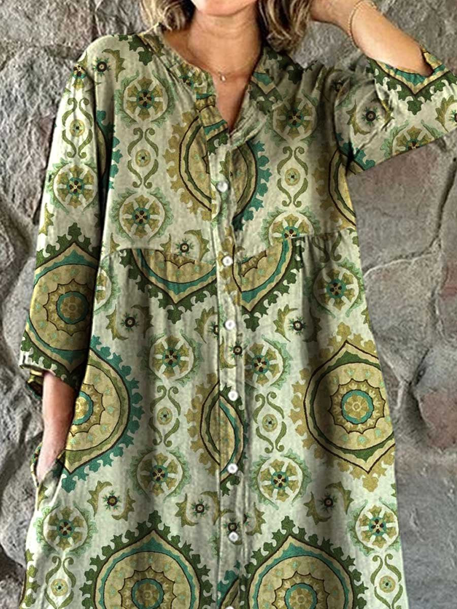 Women's Boho Pattern Shirt Style Cotton and Linen Dress