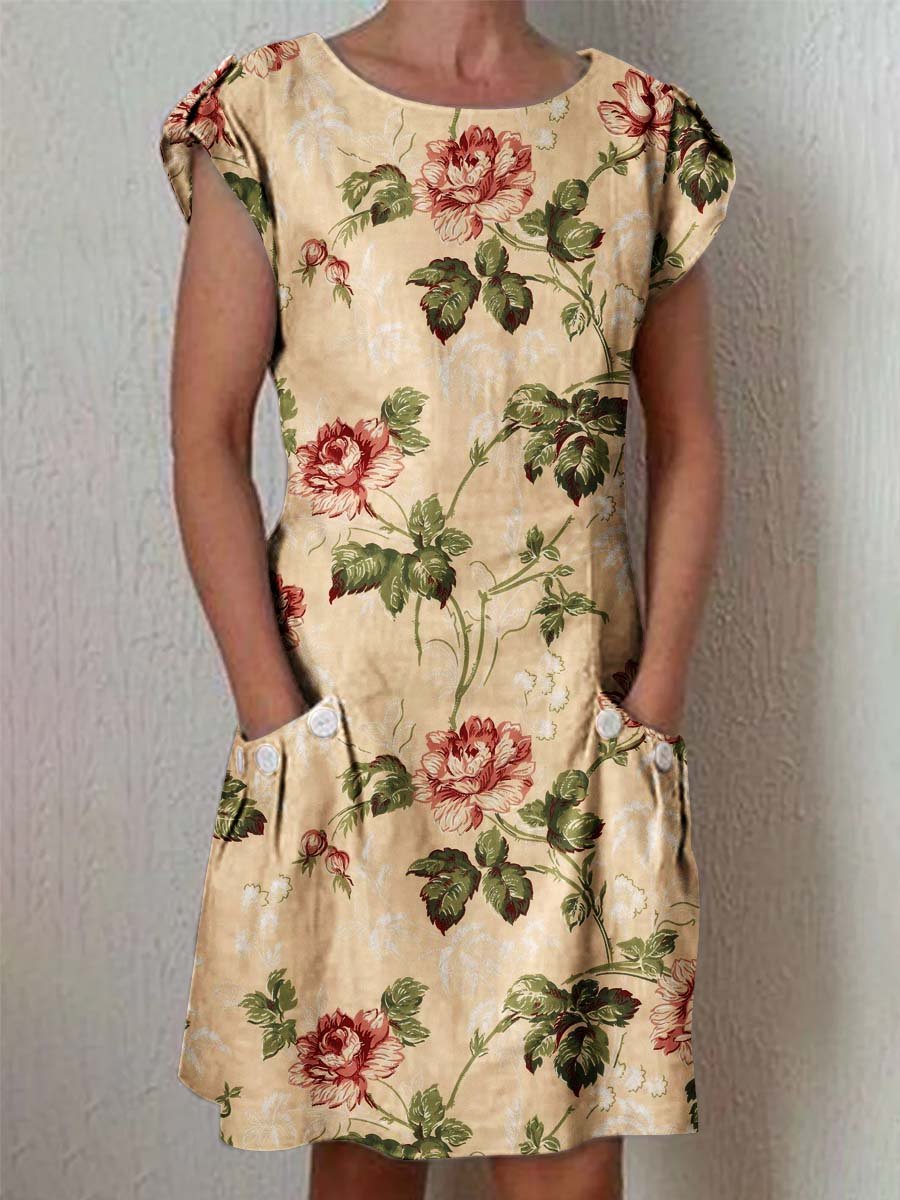 Women's Elegant  Rose Floral Cotton and Linen Dress