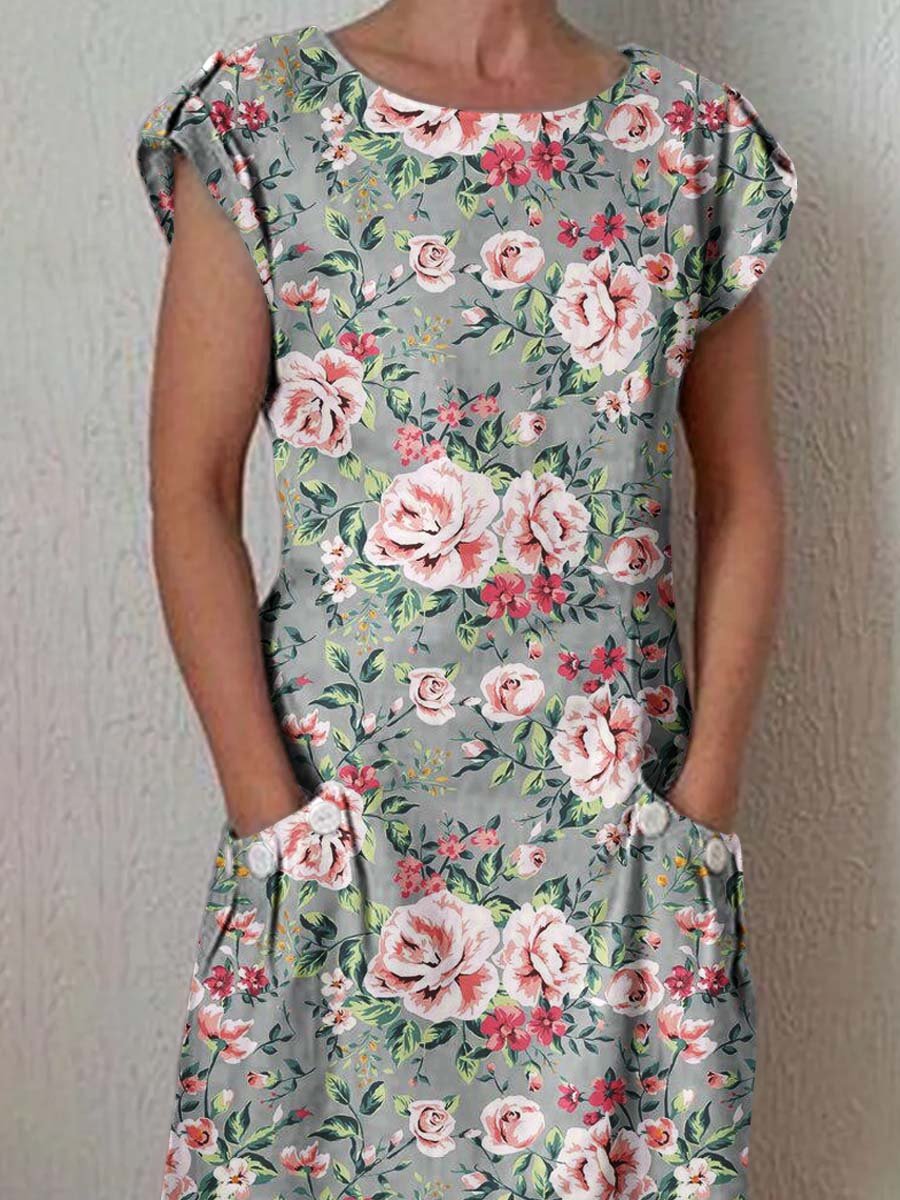 Women's Elegant Floral Cotton and Linen Dress