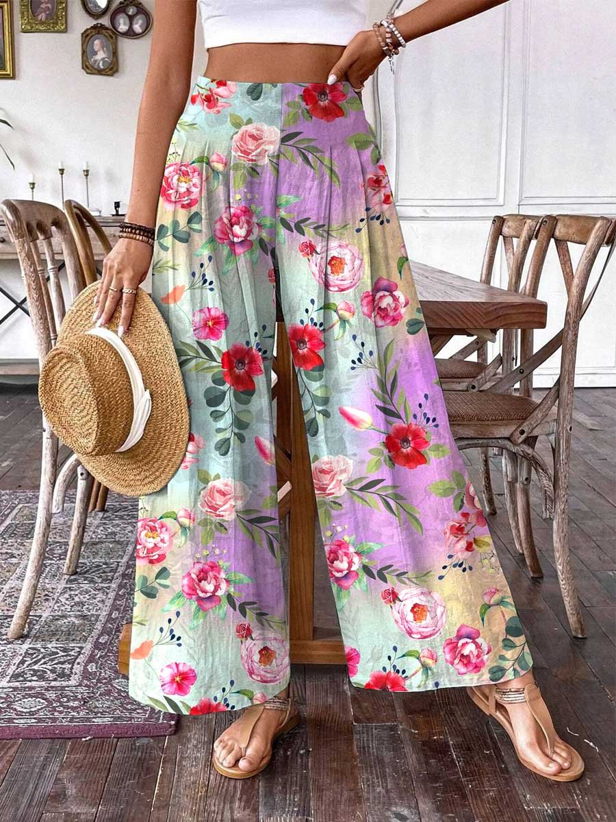 Women's Rose Floral Pattern Cotton and Linen Pants