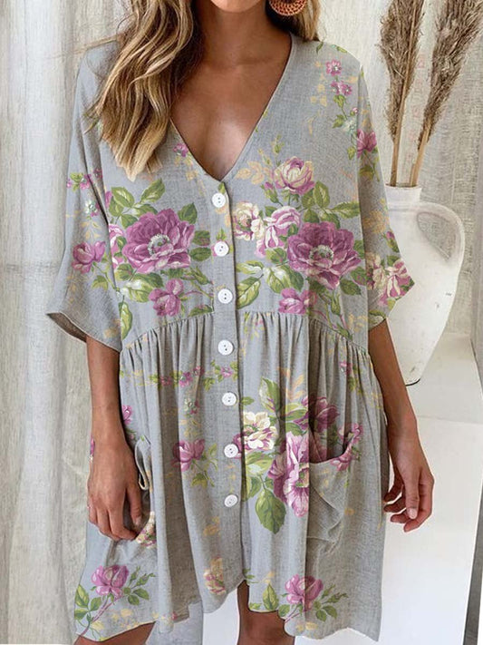 Women's Elegant Rose Floral Print Cotton and Linen Dress