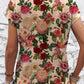 Women's Floral Pattern Print Decorative Button Round Neck Short Sleeve Cotton T-shirt Top