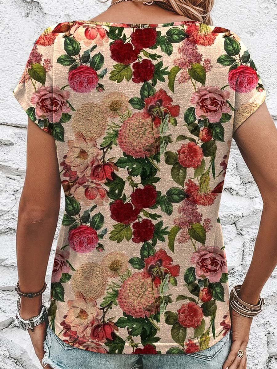 Women's Floral Pattern Print Decorative Button Round Neck Short Sleeve Cotton T-shirt Top