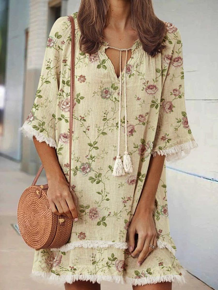 Women's Elegant Rose Floral Print V-Neck Strappy Raw Edge Cotton And Linen Dress