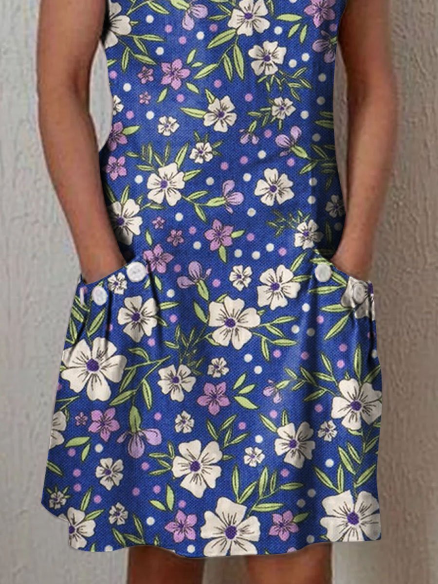 Women's Elegant Vintage Floral Pattern Cotton Dress With Pockets