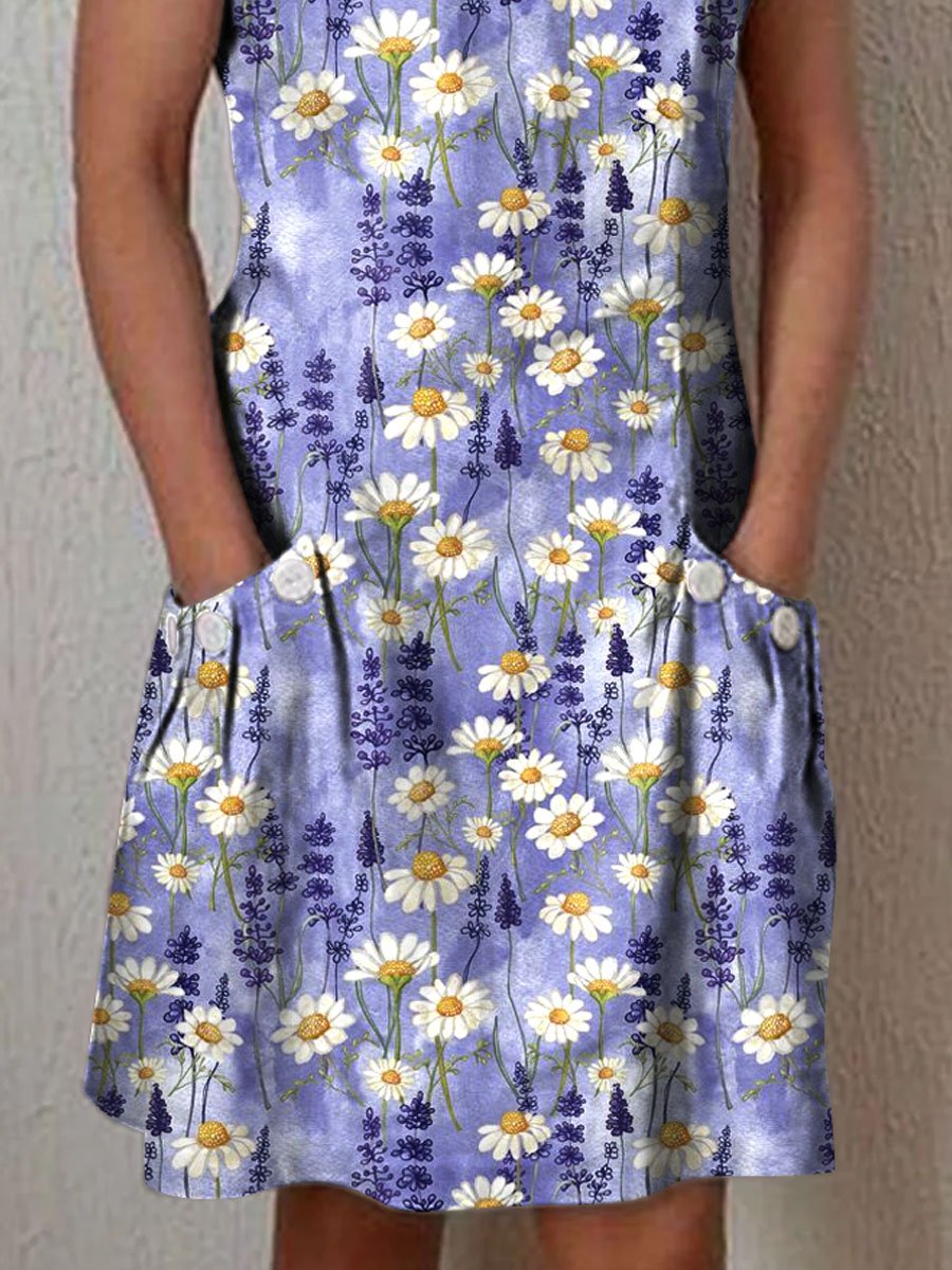 Women's Elegant Vintage Floral Pattern Cotton Dress With Pockets