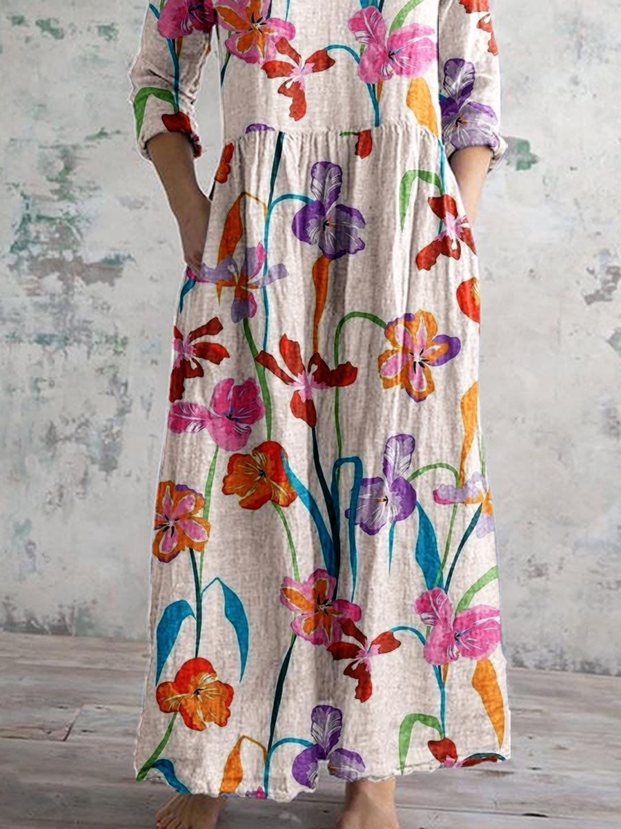 Women's Art Hand-Painted Floral V-Neck Cotton Dress