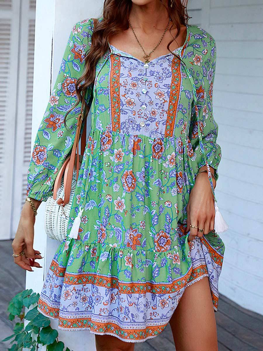 Women's Bohemian Print V-Neck Dress