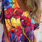 Women's Elegant Floral Pattern V-Neck Shirt Style Cotton and Linen Top