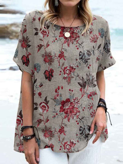 Women's Elegant  Floral Round Neck Cotton and Linen Top