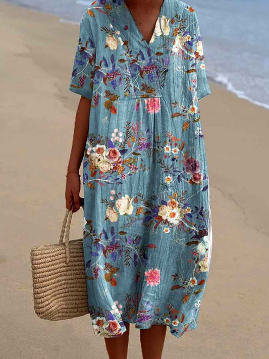 Women's Seaside Vacation Elegant Floral Pattern V-Neck Cotton and Linen Dress