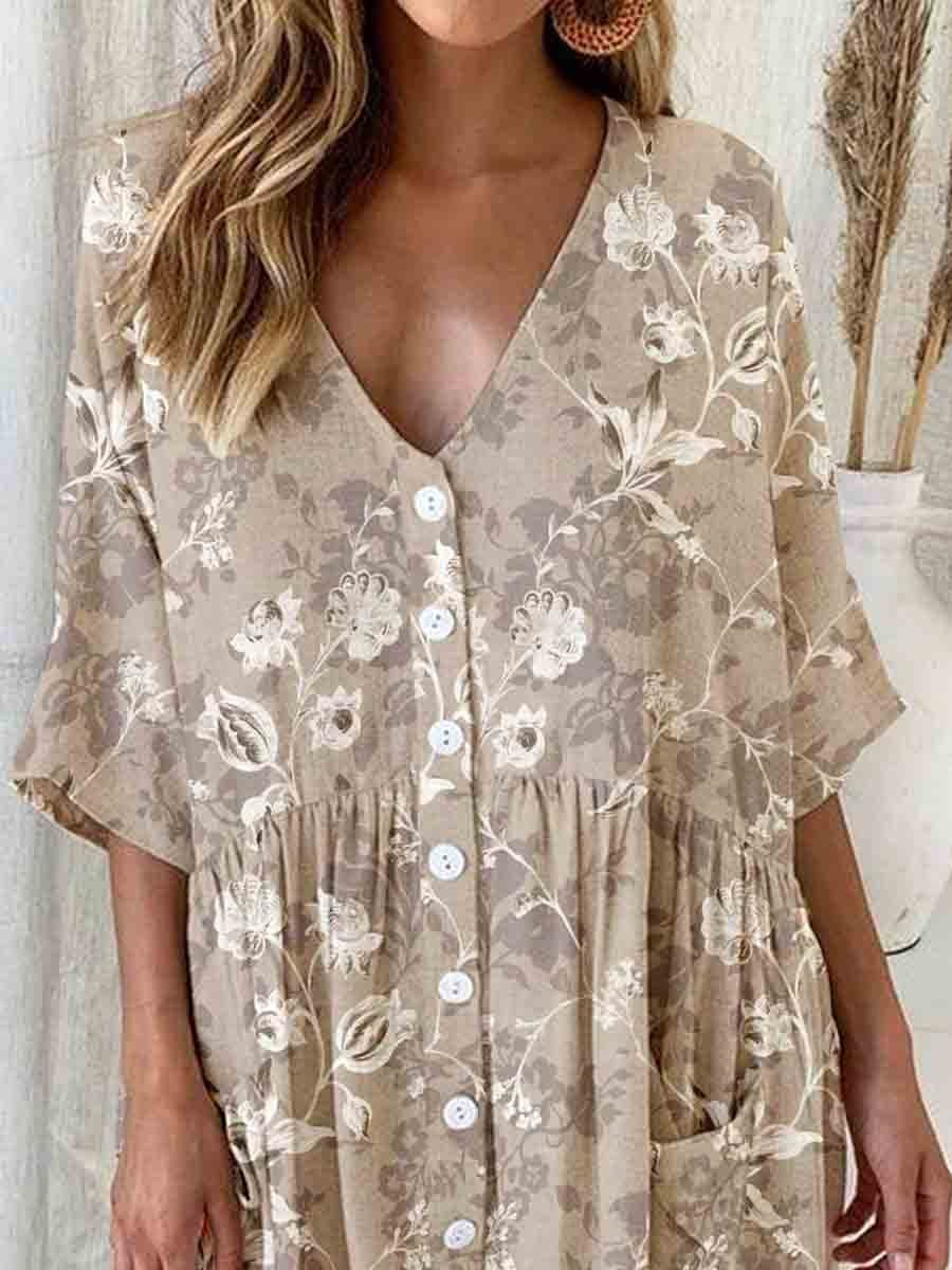 Women's Elegant Vintage Floral Pattern V-Neck Cardigan Style Cotton and Linen Dress