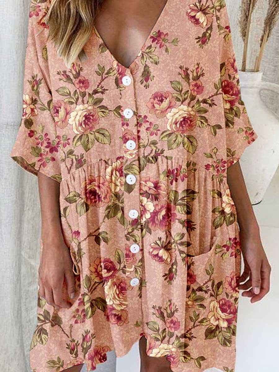 Women's Elegant Rose Floral Pattern V-Neck Cardigan Cotton and Linen Dress