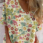 Women's Simple Decorative Floral Pattern V-neck shirt Style Cotton and Linen Top