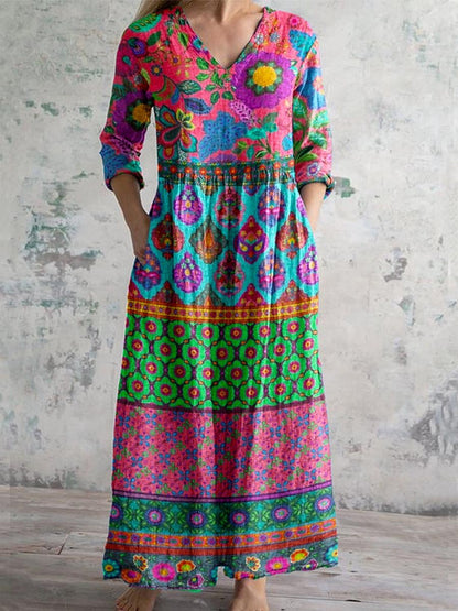 Women's Ethnic Floral Geometric Pattern V-neck Cotton Dress