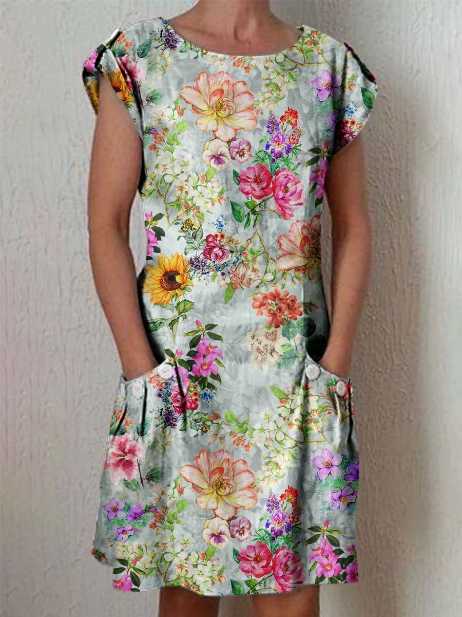 Women's Elegant Sunflower Floral Cotton and Linen Dress