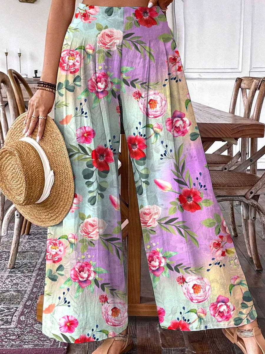 Women's Rose Floral Pattern Cotton and Linen Pants