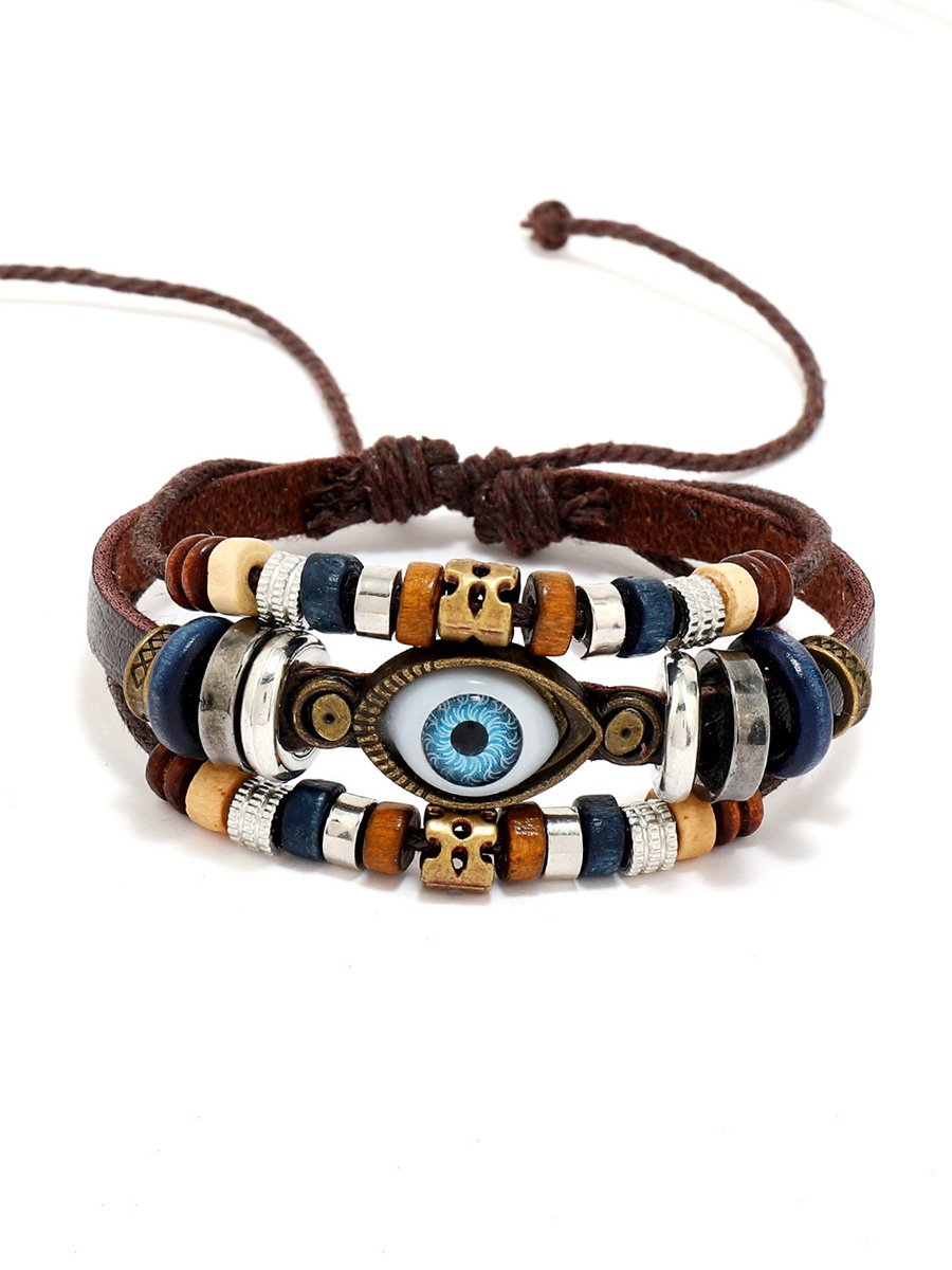 Pull-Adjustable Beaded Eyes Leather Bracelet