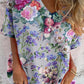 Women's Summer Rose Floral V-Neck Shirt-Style Cotton and Linen Top