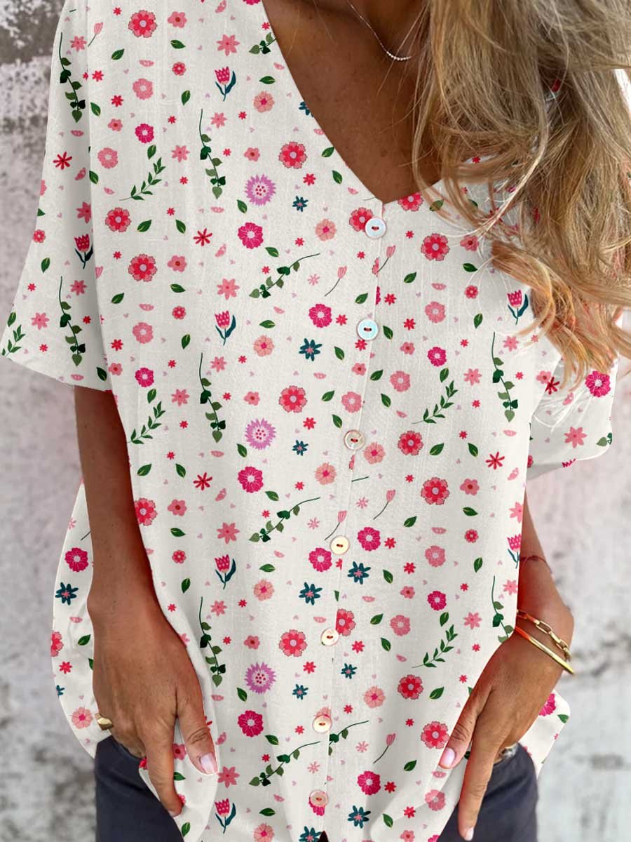 Women's Foral Pattern V-neck Shirt Style Cotton And Linen Top