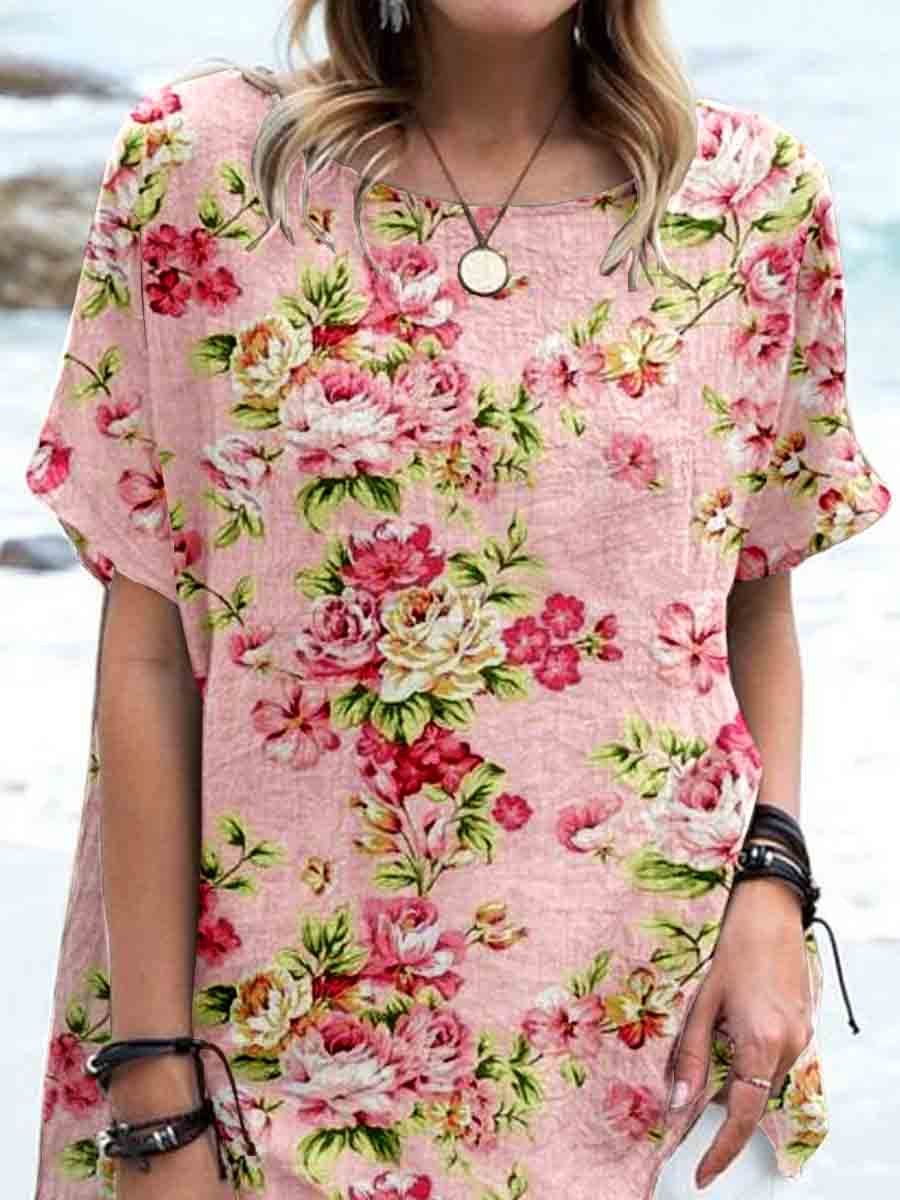 Women's Elegant Vintage Rose Floral Print Linen Top