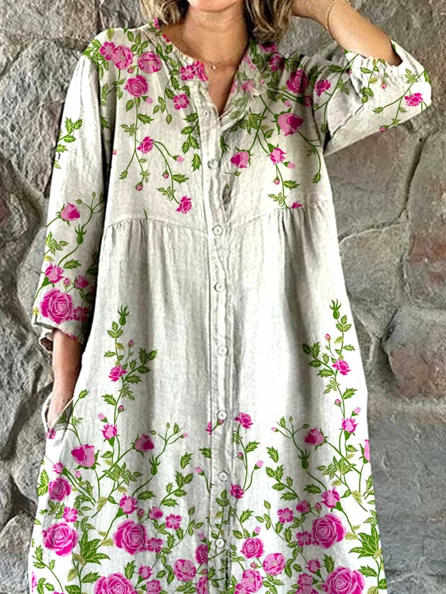 Women's Floral Art Print Cotton and Linen Shirt Dress