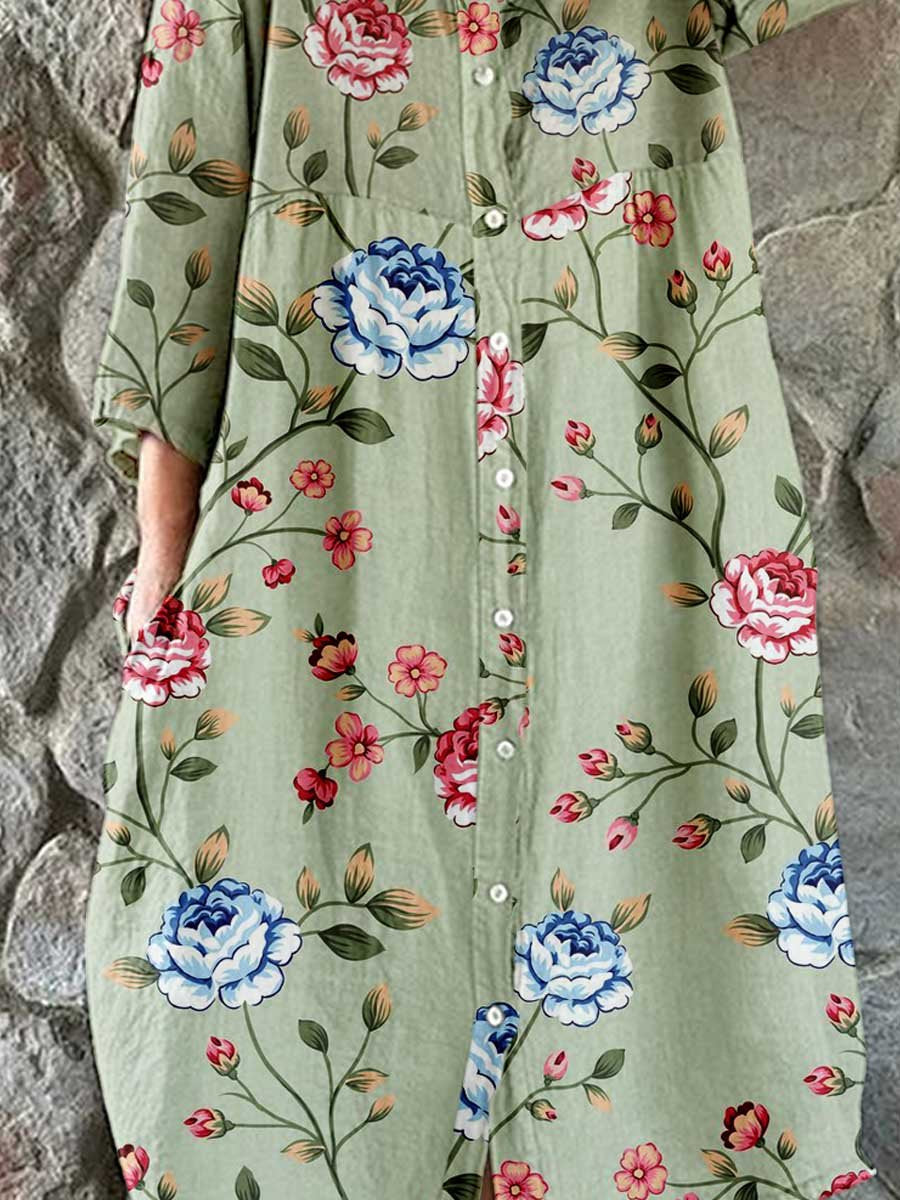 Women's Art Rose Floral Shirt Style Cotton and Linen Dress