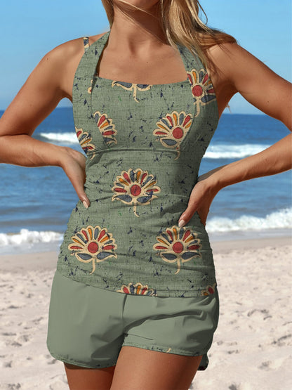 Retro Green Flower Print Halter Patchwork Mid Waisted Tankini Short Set Swimsuit