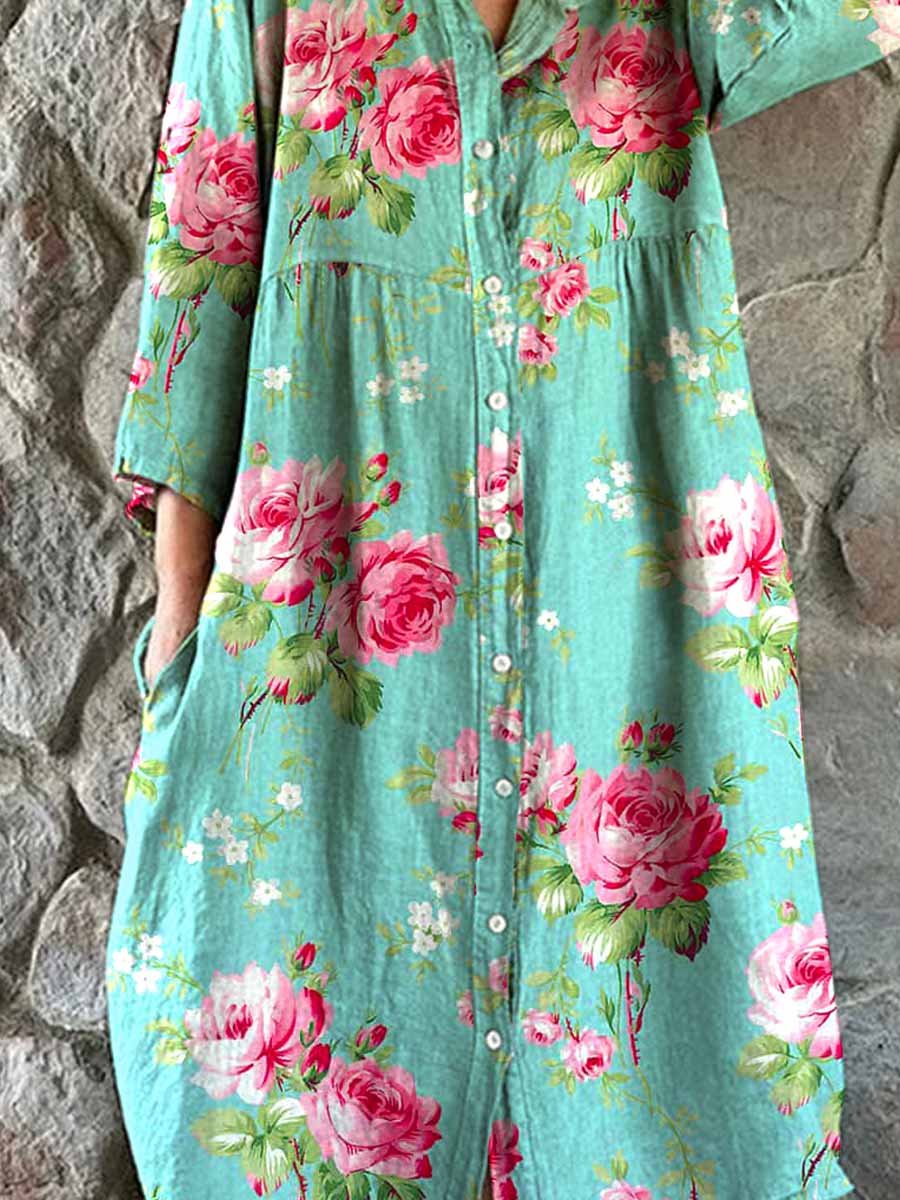 Women's Rose Floral Pattern Shirt Style Cotton and Linen Dress