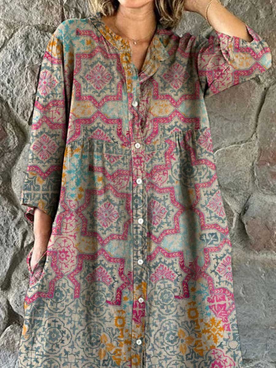 Women's Colorful Retro Elegant Bohemian Geometric Pattern Cotton and Linen Shirt Dress