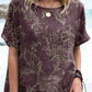 Women's Elegant Simple Decorative Floral Pattern Round Neck Cotton and Linen Top