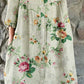 Women's Elegant  Rose Floral Pattern Shirt Style Cotton and Linen Dress