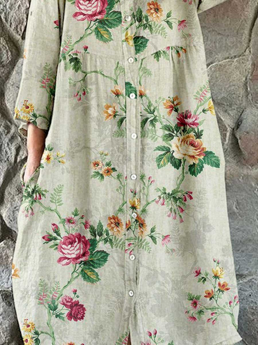 Women's Elegant  Rose Floral Pattern Shirt Style Cotton and Linen Dress