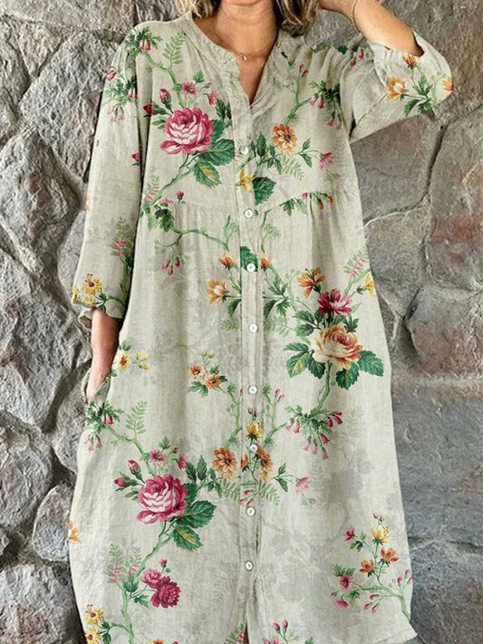 Women's Elegant  Rose Floral Pattern Shirt Style Cotton and Linen Dress