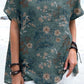 Women's Elegant Decorative Floral Pattern Round Neck Cotton and Linen Top