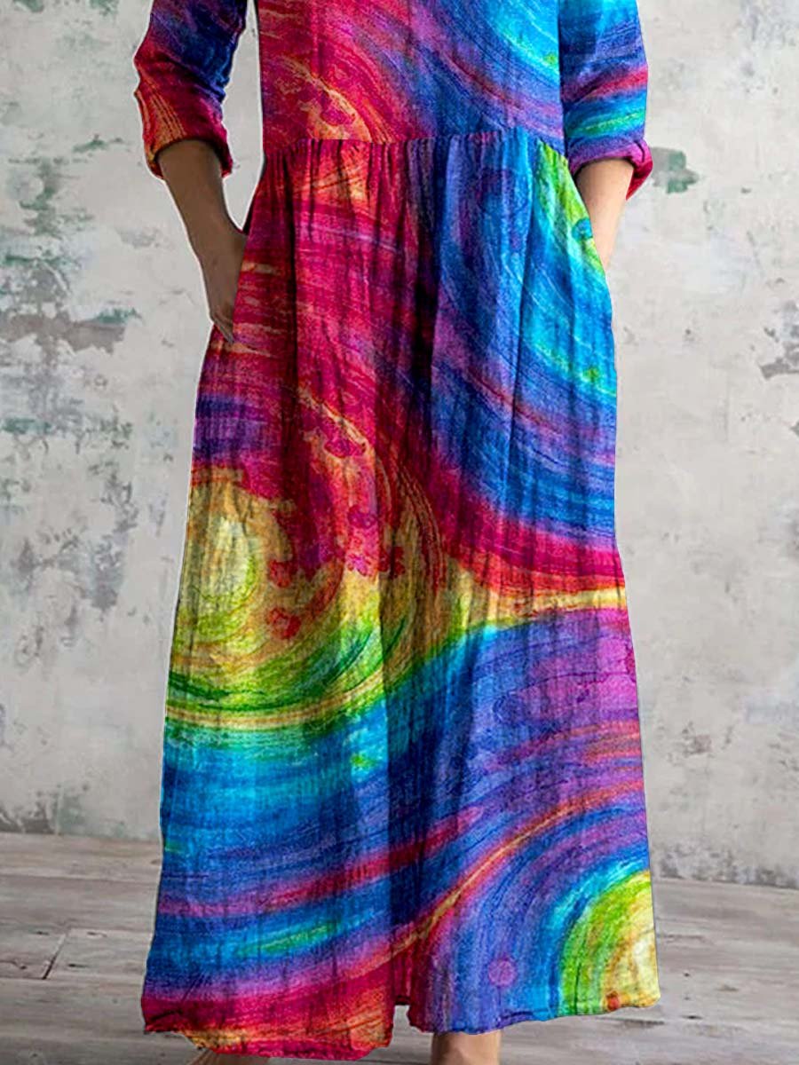 Women's V-Neck Rainbow Gradient Pattern Dress With Pockets