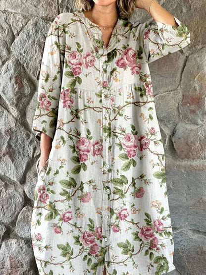 Women's Elegant Simple Rose Floral Stripe Pattern Cotton and Linen Shirt Dress