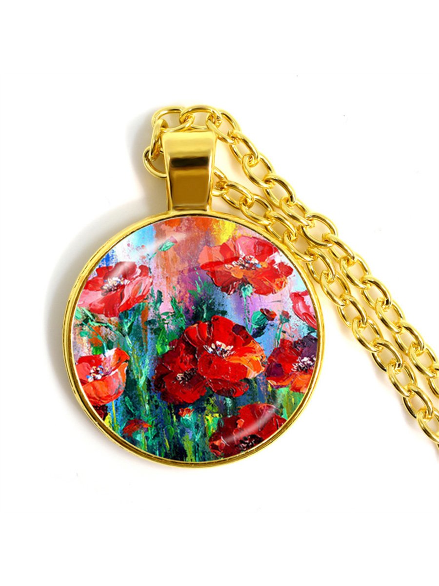 Stylish Poppy Pattern Glass Round Gold Necklace