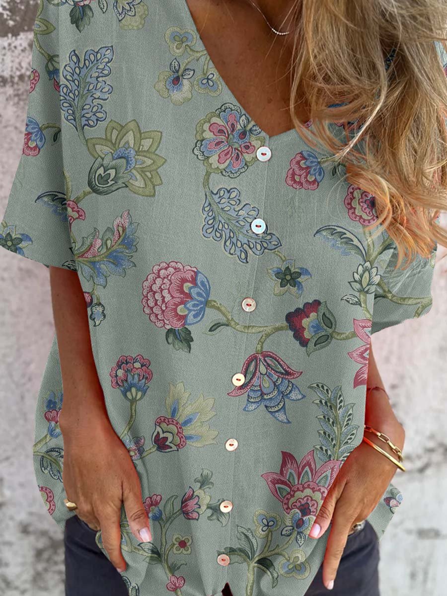 Women's Elegant Resort Boho Pattern Shirt Style Cotton and Linen Top