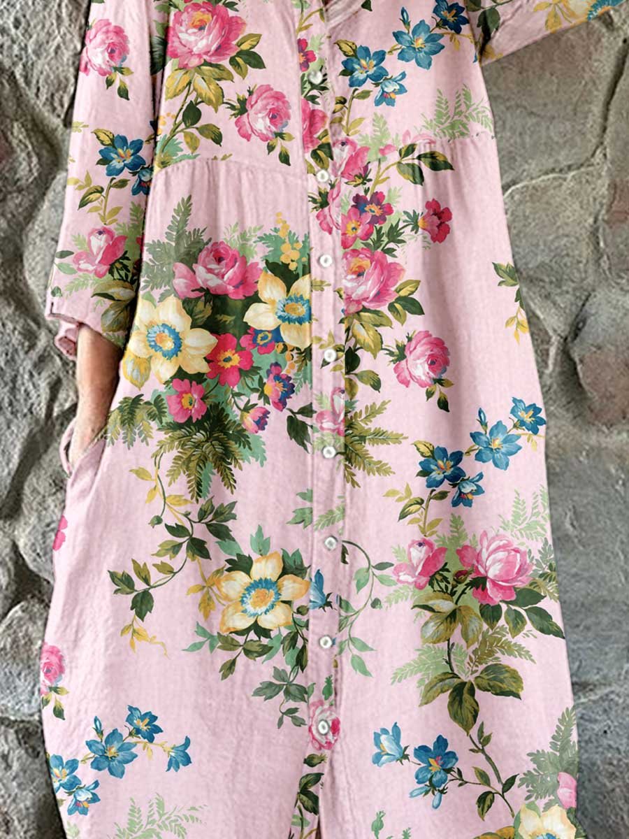 Women's Elegant  Rose Floral Pattern Shirt Style Cotton and Linen Dress