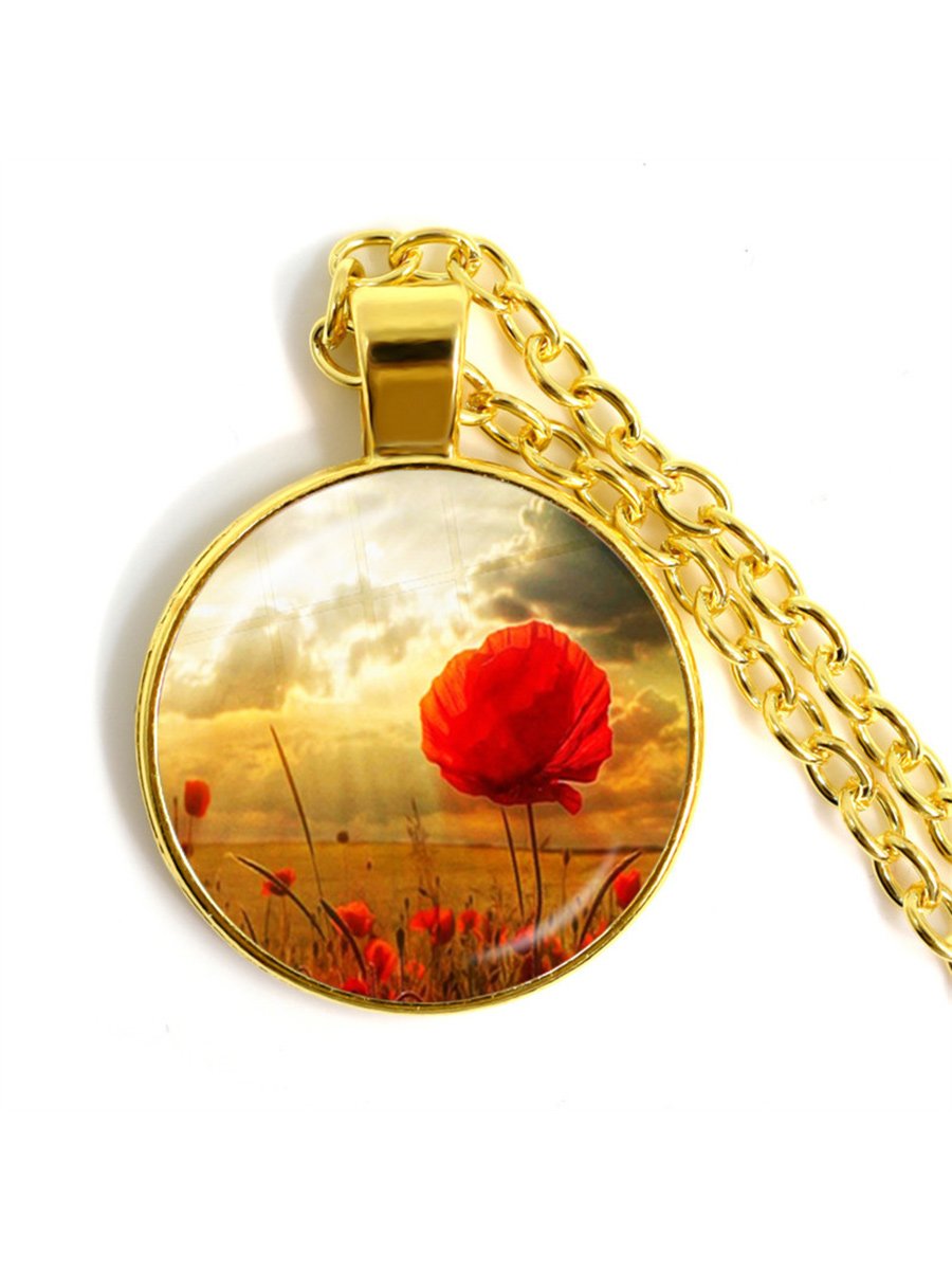 Stylish Poppy Pattern Glass Round Gold Necklace