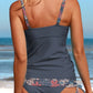Grey Blue Flower Print Tankini Pantskirt Set Swimsuit