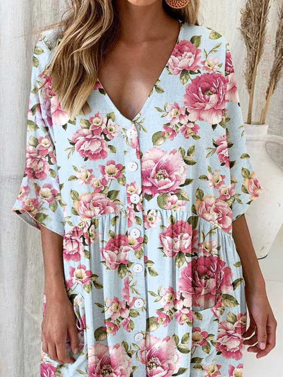 Women's Elegant Rose Floral Pattern V-Neck Cardigan Cotton and Linen Dress